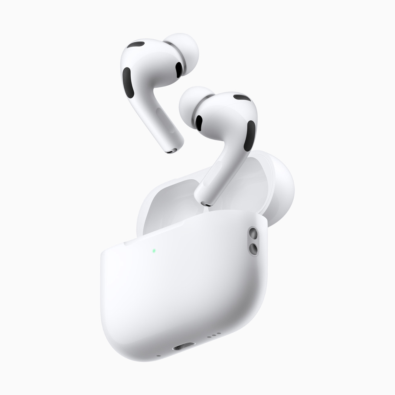 The AirPods Pro 3 keep the familiar silhouette of — The AirPods Pro 3 keep the familiar silhouette of the Pro 2 but pack a heart-rate sensor in each stem and the H3 chip inside.