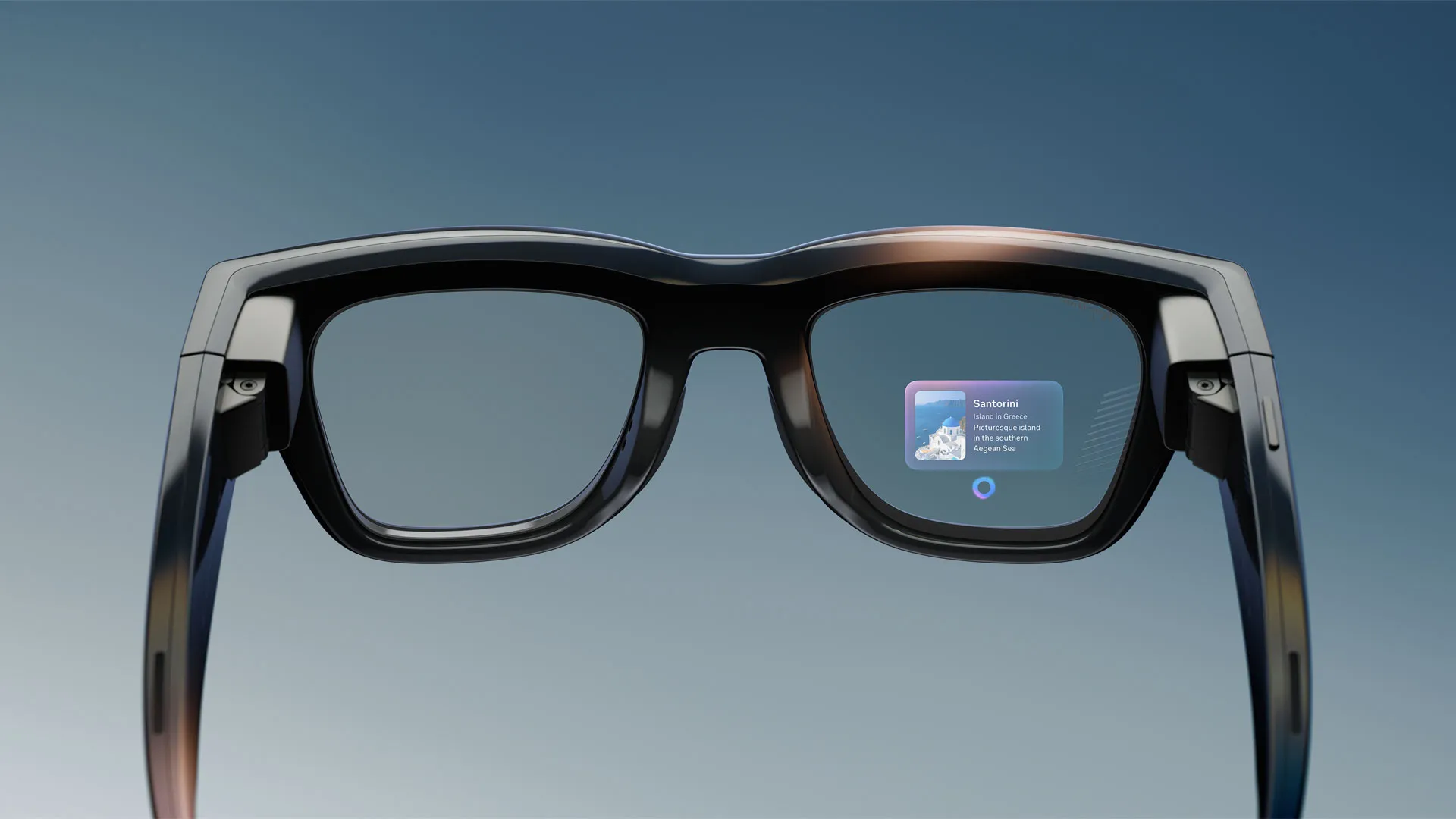 From the front the Display looks almost identical — From the front the Display looks almost identical to the standard Ray-Ban Meta - until light catches the optical waveguide in the right lens