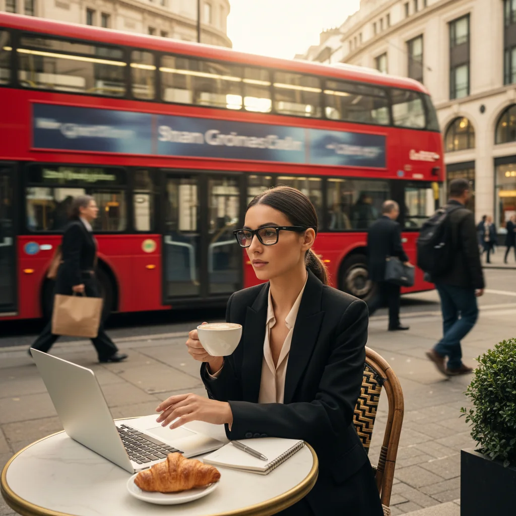 Woman wearing Ray-Ban Meta Gen 2 smart glasses at an outdoor London cafe with a red double-decker bus behind