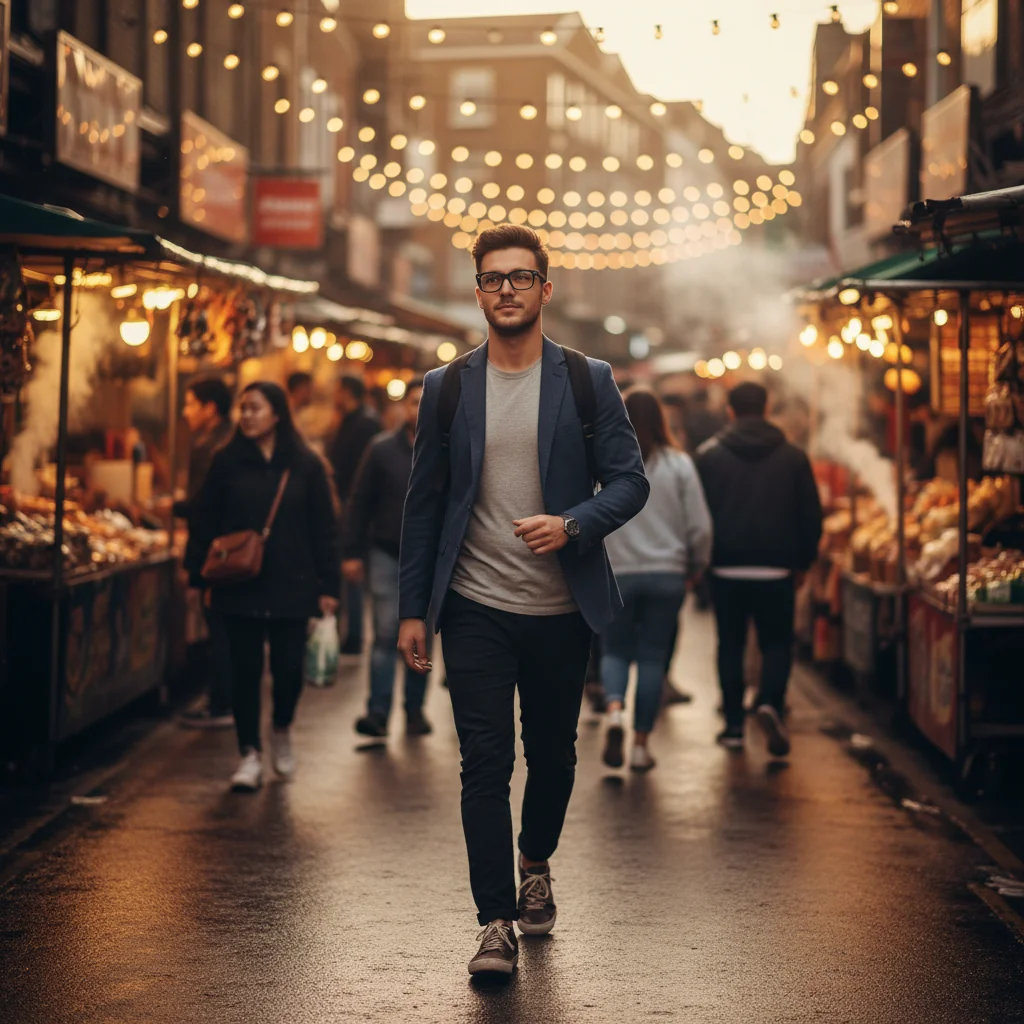 Person wearing Ray-Ban Meta Gen 2 smart glasses walking through Camden Market at golden hour