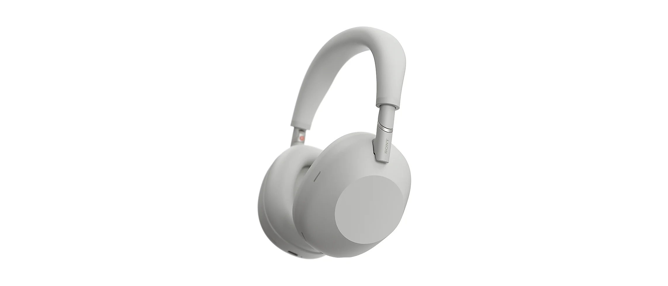 Three-quarter angle of the Sony WH-1000XM6 in silver showing headband and hinge detail
