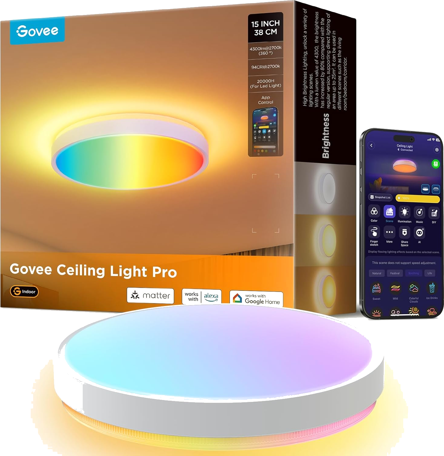 Govee RGBIC Ceiling Light 48.5W, Smart LED Ceiling Light 4300lm, Flush Mount Lamp Work with Matter Alexa Google Home, for Bedroom Living Room Kitchen